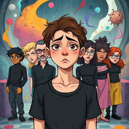 A smart teenager wearing a black outfit, showcasing their struggle with dissociative identity disorder, represented by eight distinct personalities