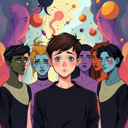 A smart teenager wearing a black outfit, showcasing their struggle with dissociative identity disorder, represented by eight distinct personalities