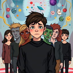 A smart teenager wearing a black outfit, showcasing their struggle with dissociative identity disorder, represented by eight distinct personalities