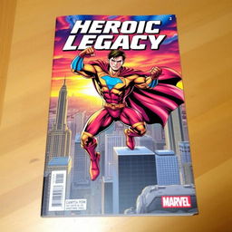 A dynamic superhero in action poses heroically on a comic book cover