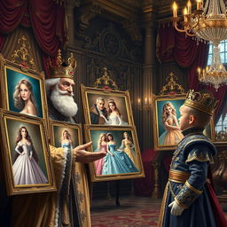 A regal scene inside an opulent castle, depicting a wise king showing a collection of stunning portraits of beautiful princesses to a young, curious prince