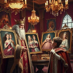 A regal scene inside an opulent castle, depicting a wise king showing a collection of stunning portraits of beautiful princesses to a young, curious prince