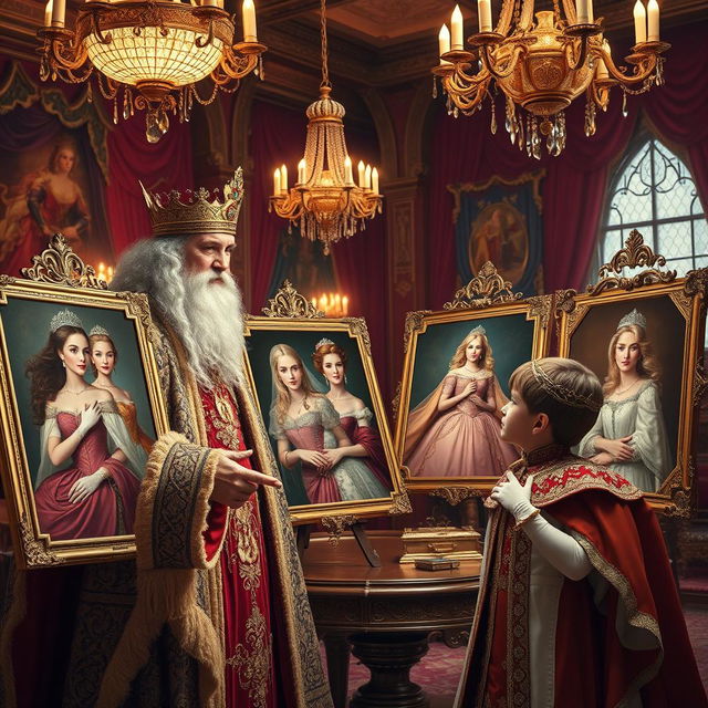 A regal scene inside an opulent castle, depicting a wise king showing a collection of stunning portraits of beautiful princesses to a young, curious prince