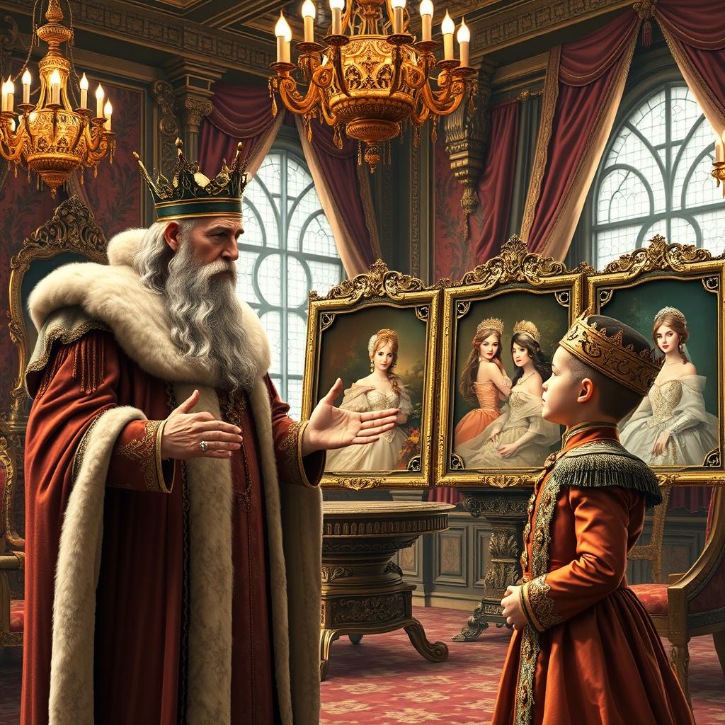 A regal scene inside an opulent castle, depicting a wise king showing a collection of stunning portraits of beautiful princesses to a young, curious prince