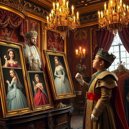 A regal scene inside an opulent castle, depicting a wise king showing a collection of stunning portraits of beautiful princesses to a young, curious prince
