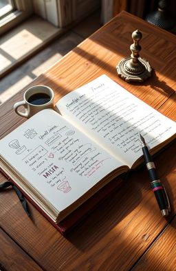 A beautifully crafted open notebook on a rustic wooden table, filled with handwritten genius ideas and random thoughts