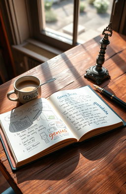 A beautifully crafted open notebook on a rustic wooden table, filled with handwritten genius ideas and random thoughts
