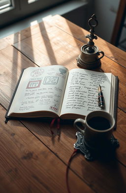 A beautifully crafted open notebook on a rustic wooden table, filled with handwritten genius ideas and random thoughts