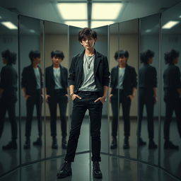 A smart teenager wearing a stylish black outfit, standing confidently in front of eight mirrors that reflect different angles of their persona