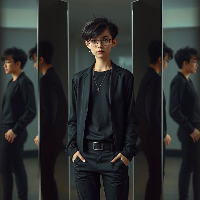 A smart teenager wearing a stylish black outfit, standing confidently in front of eight mirrors that reflect different angles of their persona