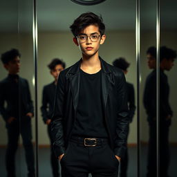A smart teenager wearing a stylish black outfit, standing confidently in front of eight mirrors that reflect different angles of their persona