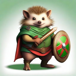 A high-quality digital art image of a brown hedgehog bard, clad in green and red clothes, holding a round shield