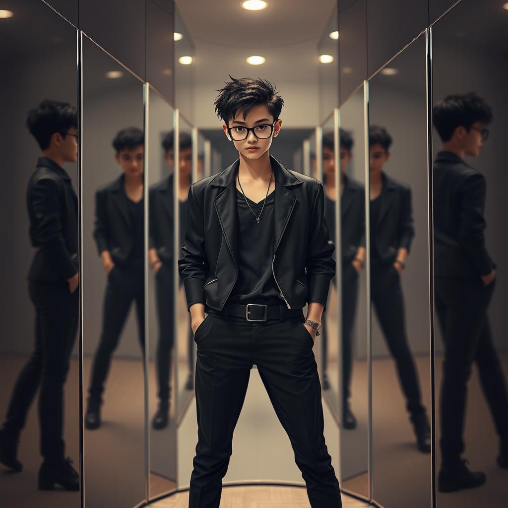 A smart teenager wearing a stylish black outfit, standing confidently in front of eight mirrors that reflect different angles of their persona