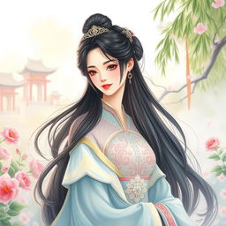 A beautiful Chinese princess dressed in an elegant, flowing traditional gown, adorned with intricate patterns and delicate embroidery
