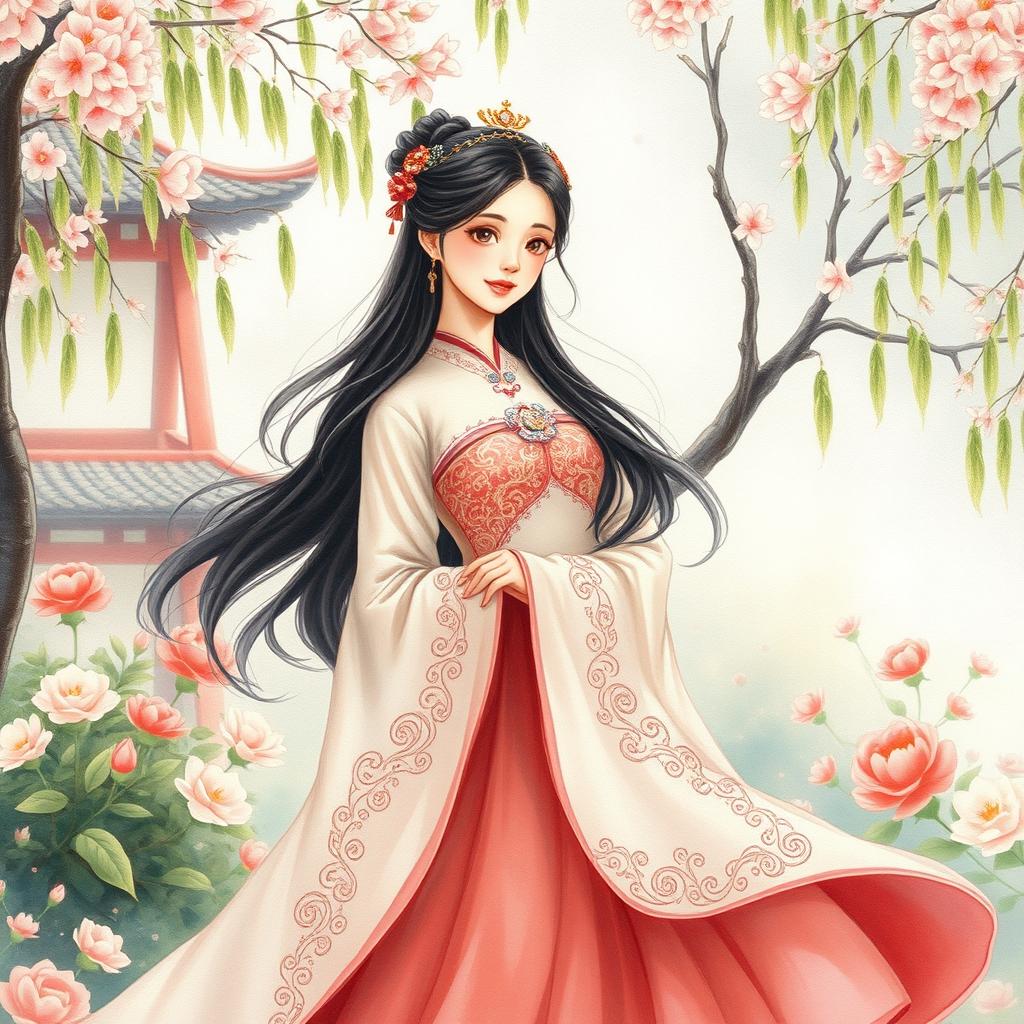 A beautiful Chinese princess dressed in an elegant, flowing traditional gown, adorned with intricate patterns and delicate embroidery