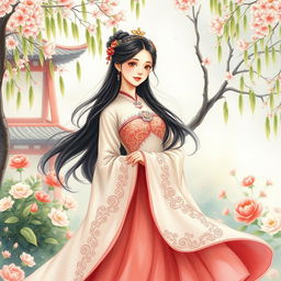 A beautiful Chinese princess dressed in an elegant, flowing traditional gown, adorned with intricate patterns and delicate embroidery