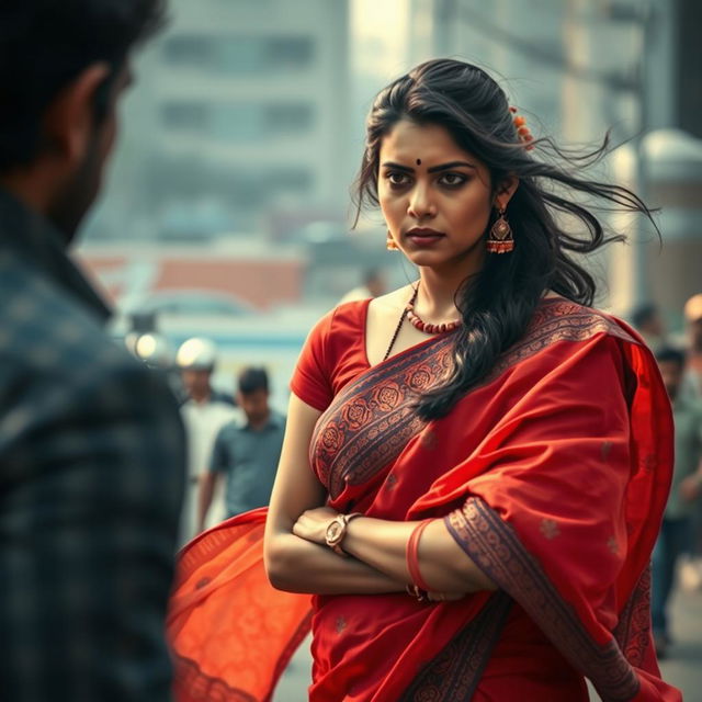 A dramatic scene featuring an Indian woman in a vibrant saree, standing confidently with a determined look