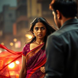 A dramatic scene featuring an Indian woman in a vibrant saree, standing confidently with a determined look