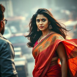 A dramatic scene featuring an Indian woman in a vibrant saree, standing confidently with a determined look