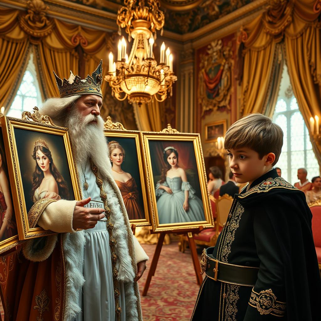 A regal scene inside a lavish castle, where a wise and majestic king is showing an 18-year-old prince various stunning portraits of beautiful princesses
