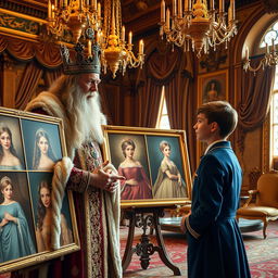 A regal scene inside a lavish castle, where a wise and majestic king is showing an 18-year-old prince various stunning portraits of beautiful princesses