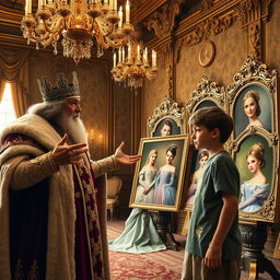 A regal scene inside a lavish castle, where a wise and majestic king is showing an 18-year-old prince various stunning portraits of beautiful princesses