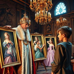 A regal scene inside a lavish castle, where a wise and majestic king is showing an 18-year-old prince various stunning portraits of beautiful princesses