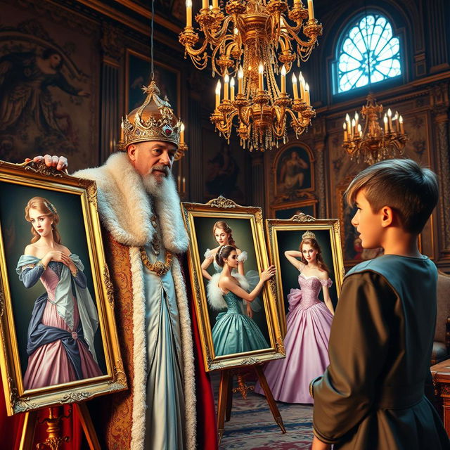 A regal scene inside a lavish castle, where a wise and majestic king is showing an 18-year-old prince various stunning portraits of beautiful princesses