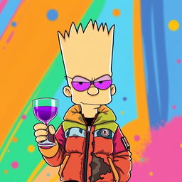 A cartoon character inspired by Bart Simpson wearing a stylish Moncler jacket, holding a glass with a purple drink in one hand
