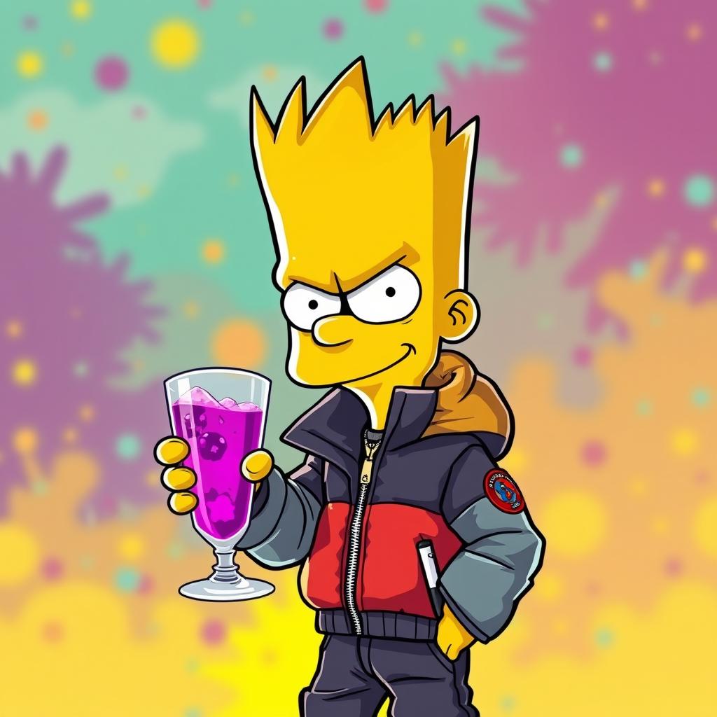 A cartoon character inspired by Bart Simpson wearing a stylish Moncler jacket, holding a glass with a purple drink in one hand