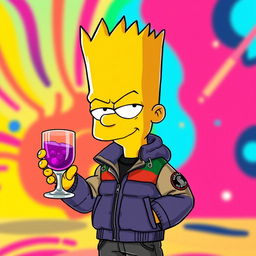 A cartoon character inspired by Bart Simpson wearing a stylish Moncler jacket, holding a glass with a purple drink in one hand