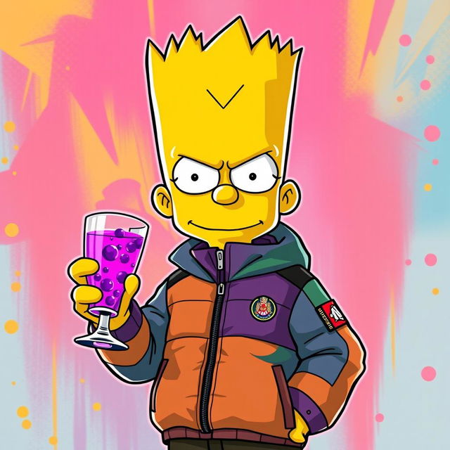 A cartoon character inspired by Bart Simpson wearing a stylish Moncler jacket, holding a glass with a purple drink in one hand