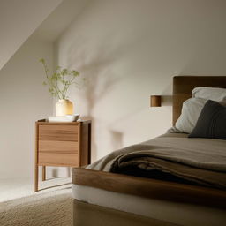 A cozy and well-lit bedroom with a comfortable looking bed, a wooden nightstand, and soft coloured wall decor