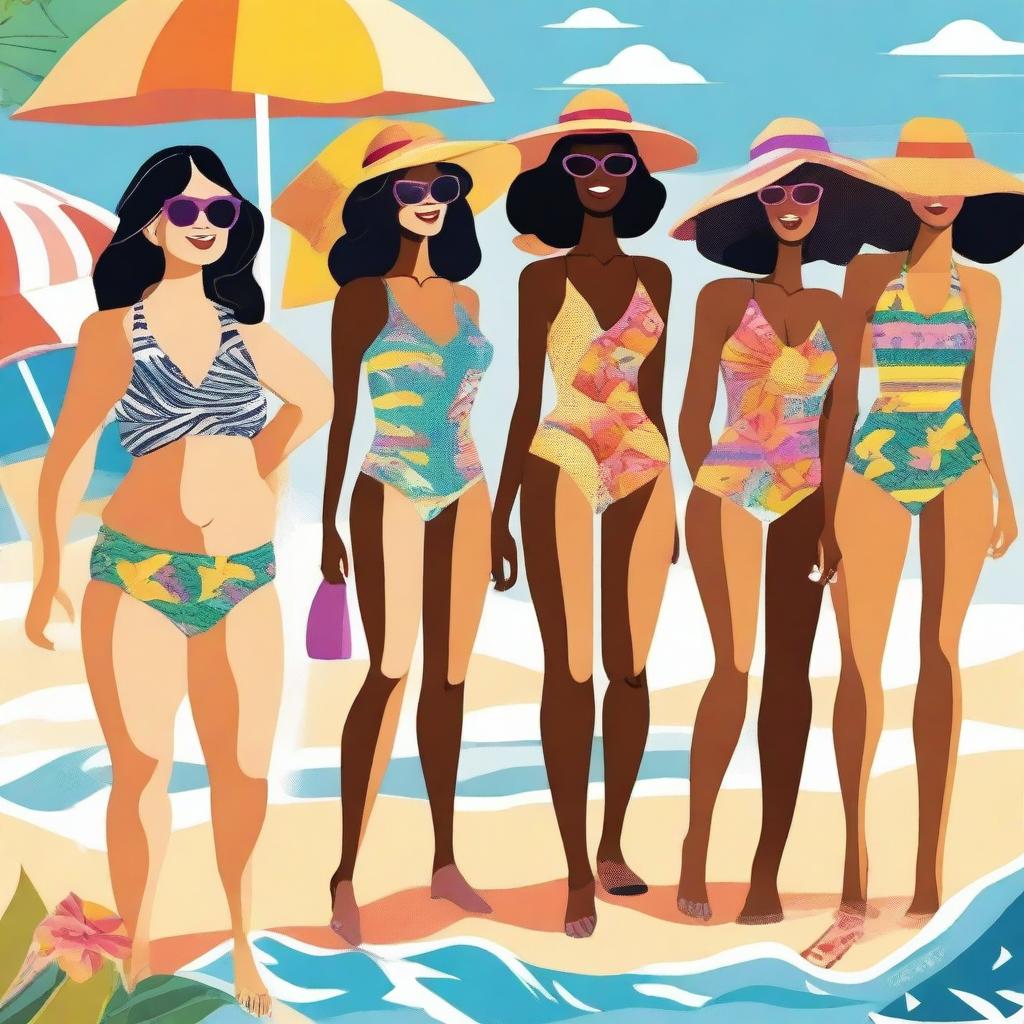 A high-quality digital illustration showcasing a group of fashionable women at a beach setting