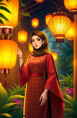 A vibrant and inspiring scene depicting a female character, representing empowerment and wisdom, standing inside a pesantren (Islamic boarding school) with beautiful lanterns (lentera) illuminating the surroundings