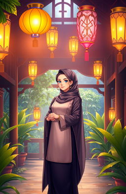 A vibrant and inspiring scene depicting a female character, representing empowerment and wisdom, standing inside a pesantren (Islamic boarding school) with beautiful lanterns (lentera) illuminating the surroundings