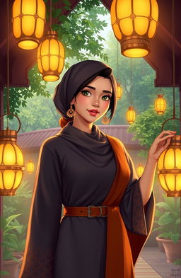 A vibrant and inspiring scene depicting a female character, representing empowerment and wisdom, standing inside a pesantren (Islamic boarding school) with beautiful lanterns (lentera) illuminating the surroundings