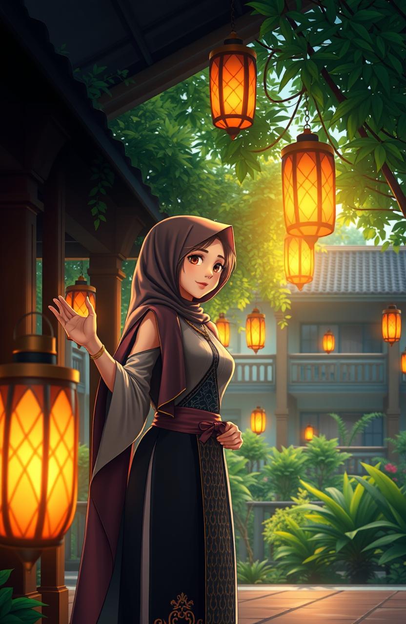 A vibrant and inspiring scene depicting a female character, representing empowerment and wisdom, standing inside a pesantren (Islamic boarding school) with beautiful lanterns (lentera) illuminating the surroundings