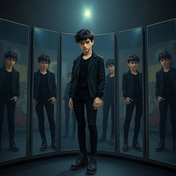 A smart teenager wearing a black outfit, complete with vintage shoes, standing in front of eight mirrors