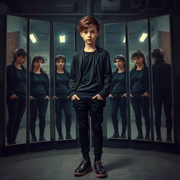 A smart teenager wearing a black outfit, complete with vintage shoes, standing in front of eight mirrors
