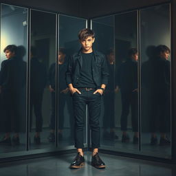 A smart teenager wearing a black outfit, complete with vintage shoes, standing in front of eight mirrors