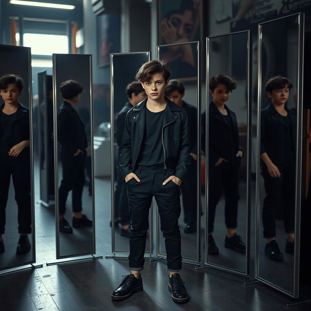 A smart teenager wearing a black outfit, complete with vintage shoes, standing in front of eight mirrors