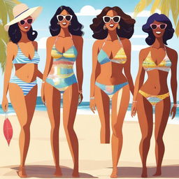 A high-quality digital illustration showcasing a group of fashionable women at a beach setting