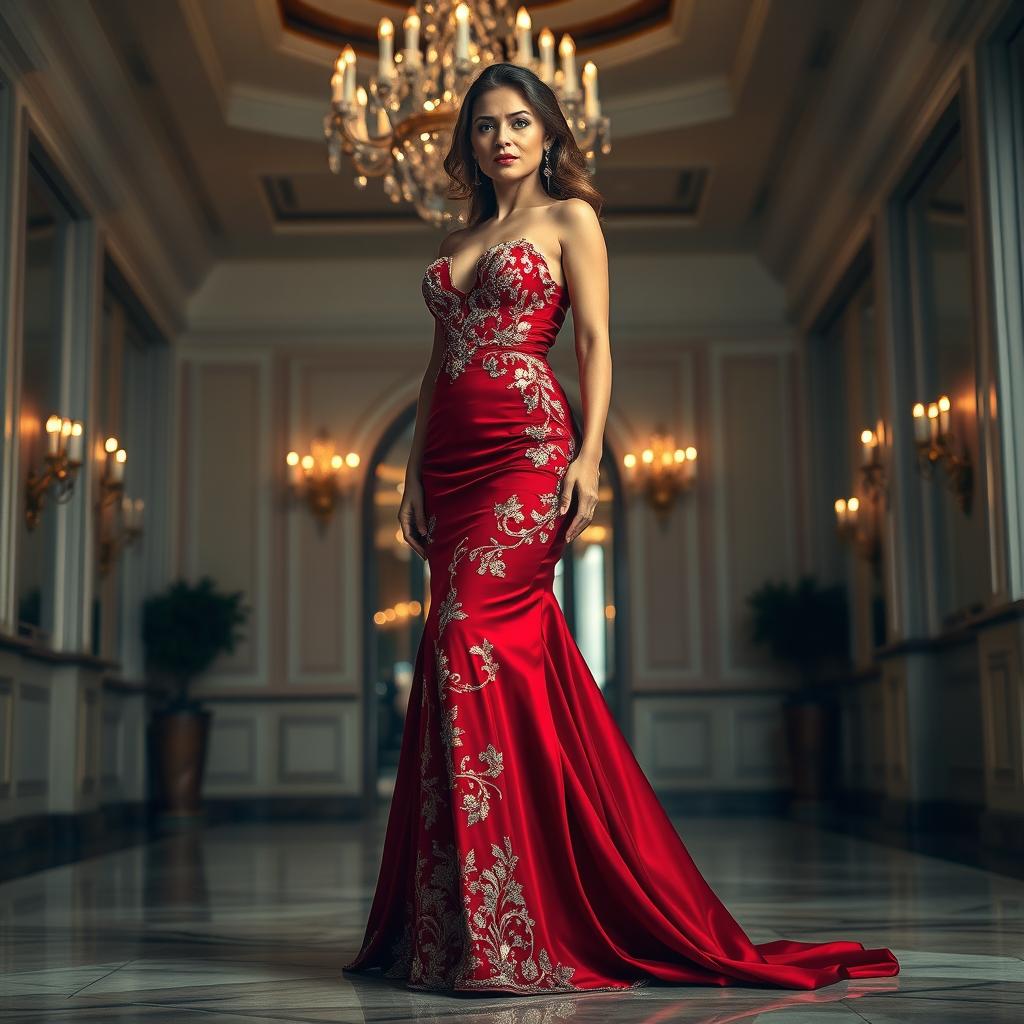 A full-length portrait of a stunning female model standing confidently, dressed in an elegant, flowing evening gown that shimmers under soft lighting