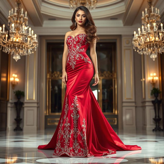 A full-length portrait of a stunning female model standing confidently, dressed in an elegant, flowing evening gown that shimmers under soft lighting