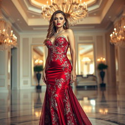 A full-length portrait of a stunning female model standing confidently, dressed in an elegant, flowing evening gown that shimmers under soft lighting