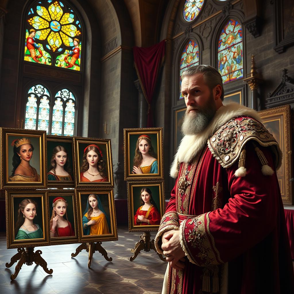A regal scene inside a grand castle hall, where a distinguished king with a noble expression presents colorful portraits of various beautiful princesses to his curious 25-year-old prince
