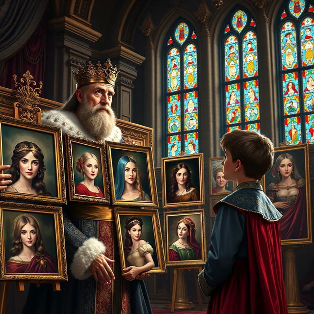A regal scene inside a grand castle hall, where a distinguished king with a noble expression presents colorful portraits of various beautiful princesses to his curious 25-year-old prince