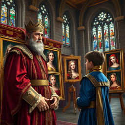 A regal scene inside a grand castle hall, where a distinguished king with a noble expression presents colorful portraits of various beautiful princesses to his curious 25-year-old prince