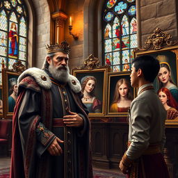 A regal scene inside a grand castle hall, where a distinguished king with a noble expression presents colorful portraits of various beautiful princesses to his curious 25-year-old prince
